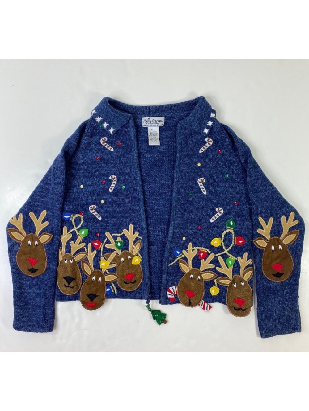 Heirloom Collectibles Girls Blue Reindeer Ugly Christmas Cardigan Size 8/10